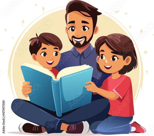 Fototapeta Loving dad reading a bedtime story to his child. Captures peaceful family bonding, night routine, and the warmth of fatherhood during a cozy evening moment at home.