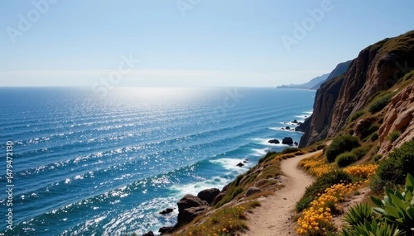 Fototapeta a cliffside path offers sweeping views of a sparkling ocean far below.