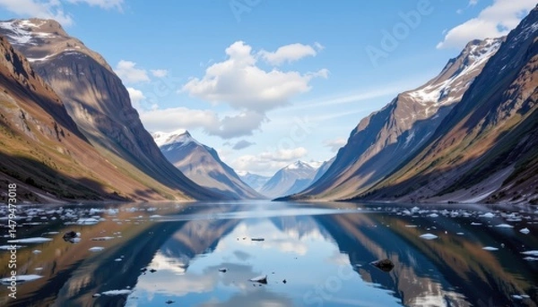 Fototapeta a peaceful fjord is framed by towering cliffs and mirrored in still, icy waters.