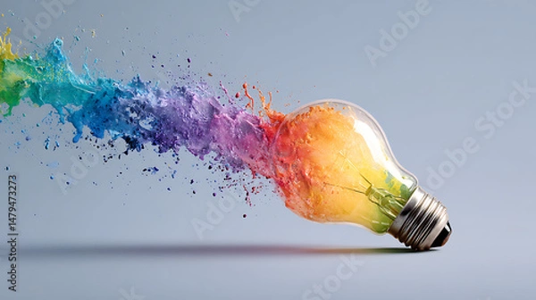 Fototapeta Exploding glass light bulb releasing rainbow paint in dynamic motion, symbol of creativity and fresh ideas, minimal background