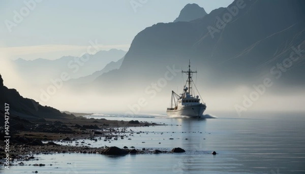 Fototapeta a small fishing boat drifts through the early morning mist near a rocky coastline.