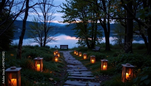 Fototapeta a trail of lanterns leads down to a peaceful lakeside at dusk.