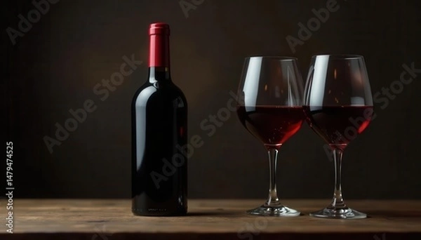 Fototapeta Dark wood, single bottle, two elegant wine glasses, wine bottle, wine tasting