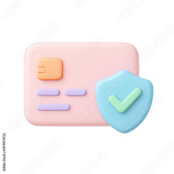 Fototapeta Secure 3D Payment: A vibrant 3D illustration depicting a pink credit card with a blue shield and green checkmark, signifying secure and trusted online payments.