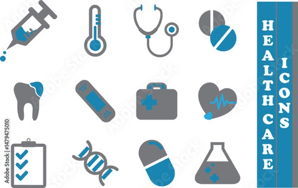 Obraz Healthcare medicine solid icons set collection.Isolated vector illustrations. 