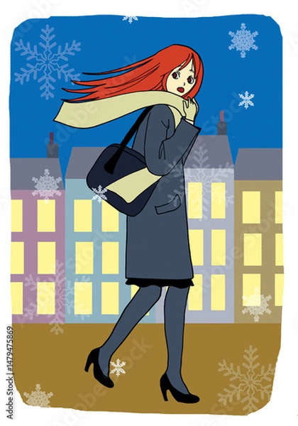Obraz マフラーを巻いて寒そうに歩く女の子のイラスト｜冬の街角のワンシーン
