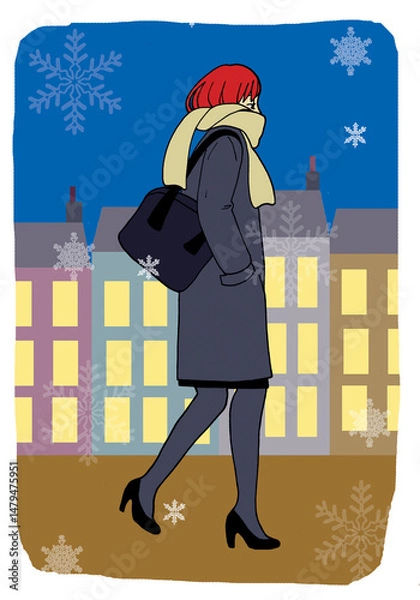 Obraz 冬の街を歩くマフラーの女の子｜季節感あるカラーイラスト