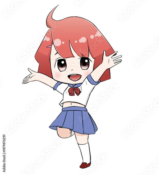Obraz セーラー服を着た明るい女性のイラスト｜青春感あふれるポップなカラー素材