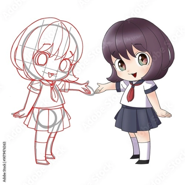Obraz セーラー服の少女｜下描きと完成イラストの比較セット