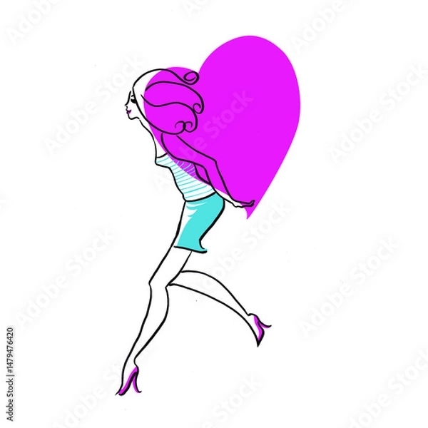 Obraz 大きなハートを背負い楽しそうに歩く女性のイラスト