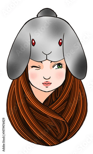 Obraz うさぎ帽子をかぶった若い女性の可愛いイラスト｜ポップでユニークなキャラクター