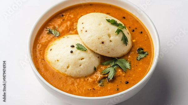 Obraz Idli sambar in bowl on white background, healthy south indian food