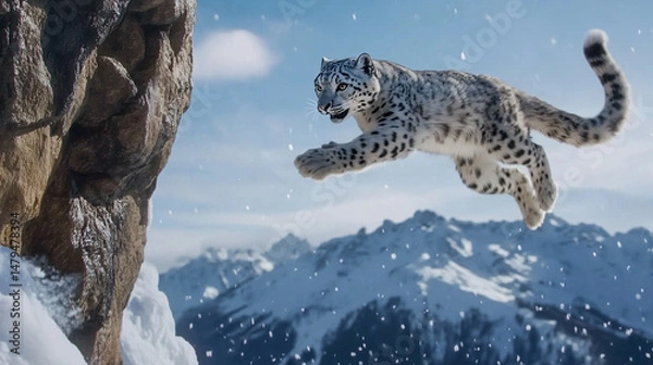 Fototapeta snow leopard long jump between snowy Himalayan cliff cinematic wild photography action shot 