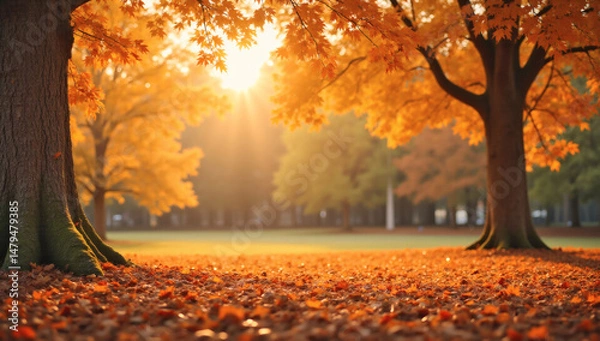 Fototapeta Luxurious Autumn Bokeh Background with Golden Maple Trees in Park – Perfect Copyspace for Magazines, Ads, and Branding