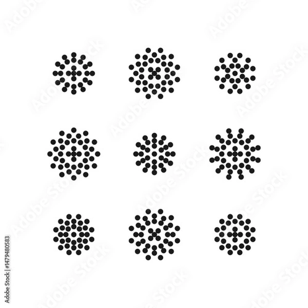 Obraz Set of 9 geometric figure. Abstract minimalistic geometric composition from black circles. Modern design element of style and graphic geometric figure.