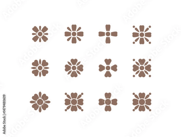 Obraz Four-leaf flower element. Set of 12 geometric emblem. Modern abstract decor element for emblem, badge, insignia.