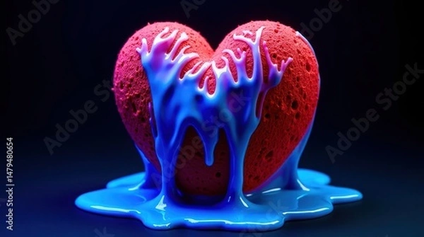 Fototapeta A heart with blue and red paint dripping from it