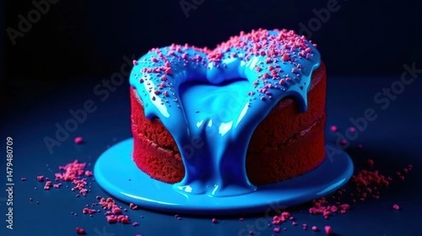 Fototapeta A blue and pink heart shaped cake with blue frosting dripping down the sides