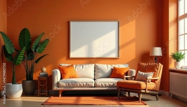 Fototapeta Warm room interior, retro shelf with photo frame, design elements , home, photo frame, photography