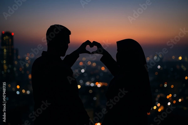 Obraz Couple Forming Heart with Hands Over City Lights at Night