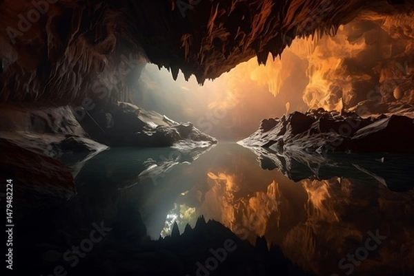 Fototapeta Cave Lake Sunset Reflection.