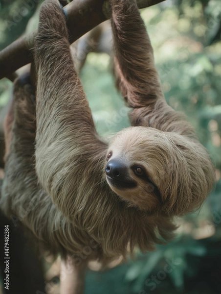 Obraz 나무에 거꾸로 매달린 나무늘보