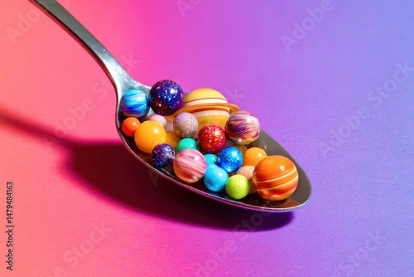 Fototapeta A spoon full of colorful balls, including a yellow one that looks like a planet