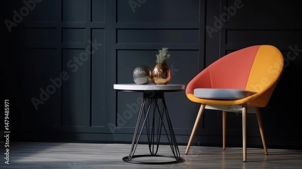 Fototapeta A contemporary chair with an orange cushion is paired with a small table in a stylish indoor living space.