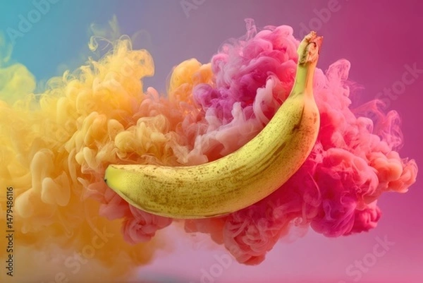 Fototapeta A banana is placed in front of a colorful smoke