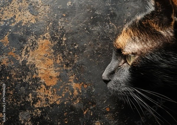 Fototapeta An intimate close-up photograph capturing the face and eye of a black cat, highlighting its fur texture.
