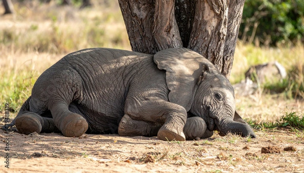 Obraz A baby elephant rests against a tree trunk in a grassy savanna, looking tired