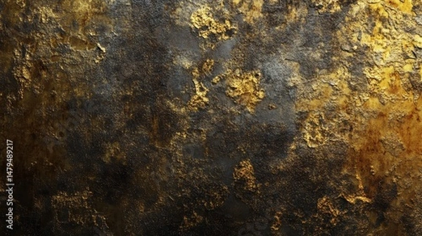 Fototapeta Close-up abstract of an aged and distressed metallic surface featuring golden tones and visible signs of wear and patina.