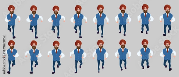 Fototapeta Man Character design. Front, side, back view and explainer animation poses. Character set with lip sync and facial expressions of Happy, angry, sad, Joy with Side walk cycle animation sequence sprite 