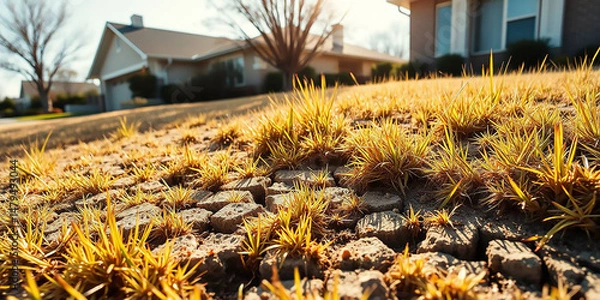 Fototapeta Heat-Damaged Lawn with Patchy Grass