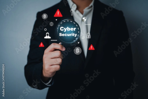 Obraz Businessman Holding Cyber Security Concept on Digital Background