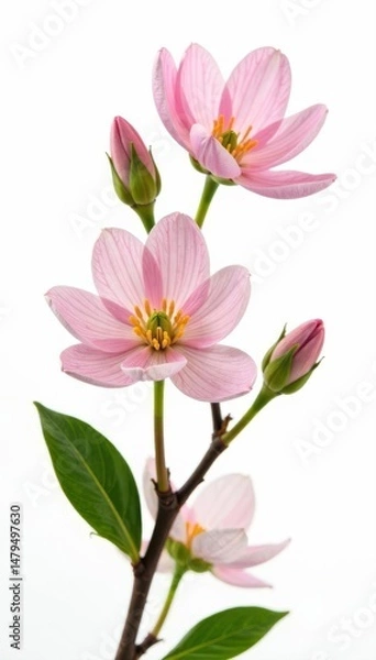 Fototapeta Isolated almond flowers, various stages, white backdrop Spring floral minimalist composition , pink blossoms, background, almond flower