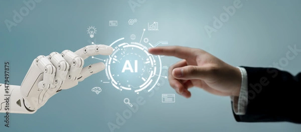 Obraz Human Hand Reaching Toward Robotic Hand with AI Icon Symbolizing Connection