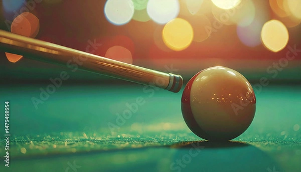 Obraz Billiard game setup cue aligns with the ball on the green felt, bokeh lights behind