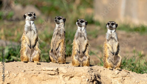 Obraz Meerkat family Four slender creatures perched upright in a row, on lookout with bright, attentive faces