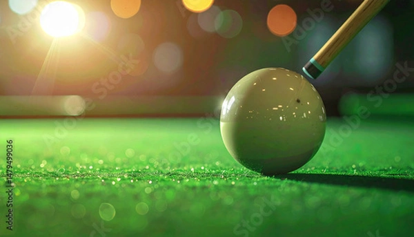 Obraz Billiards A cue ball awaits impact on a green felt table, bokeh lights glimmering in the background