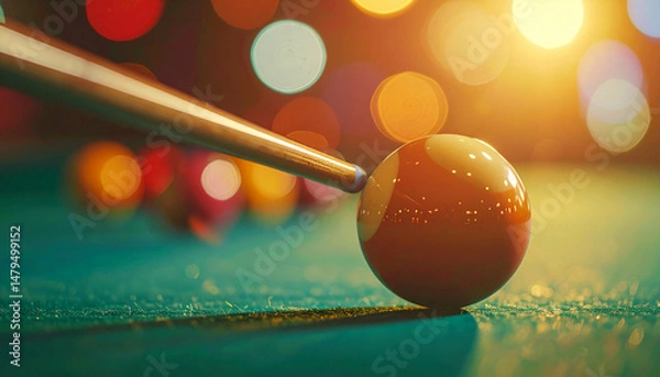 Obraz Billiard cue poised to strike an orange ball on a green felt surface, blurred lights behind