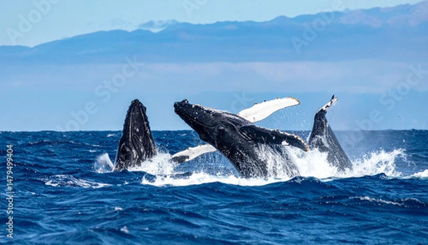 Obraz Whales breach the ocean surface, revealing white fins against blue water and cloudy sky background