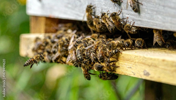 Obraz Bees cluster near hive entrance, creating a busy buzz around their wooden home and grassy surrounds