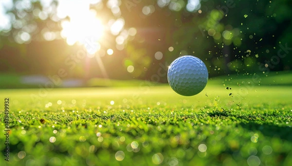 Obraz A golf ball mid-air on vibrant green grass against blurred trees and gleaming sunlight