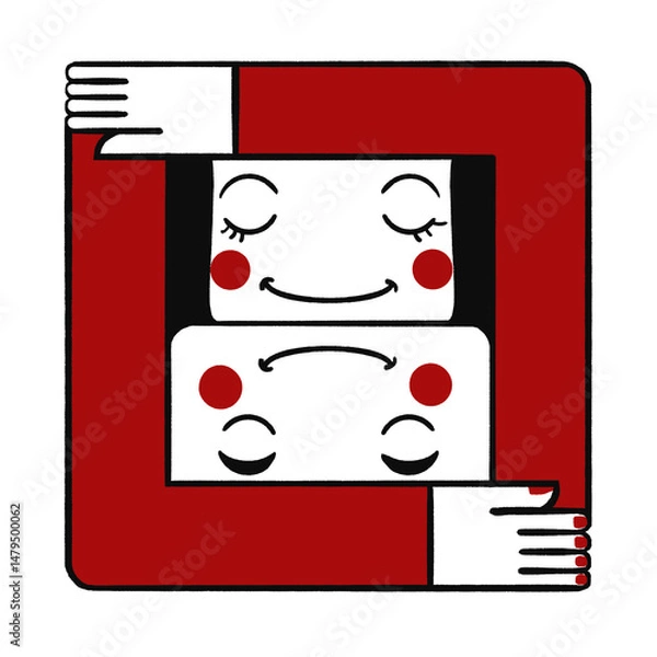 Obraz 「寄り添う笑顔のキャラクター｜安心感と絆を表すミニマルイラスト