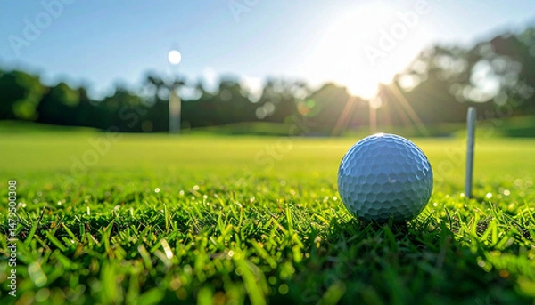 Obraz Golf ball on bright green grass near hole with sunburst sky background
