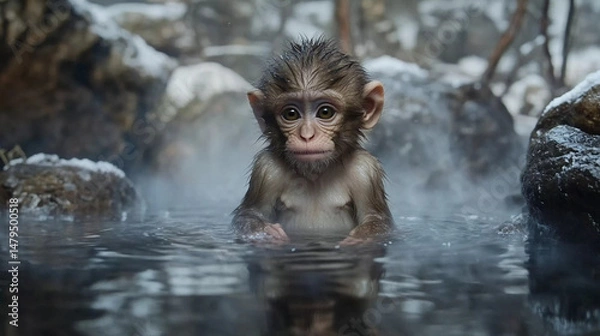 Obraz Baby monkey bathing in warm pond early in the morning