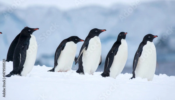 Obraz Penguins stand in snowy landscape, feathers black, white, and red in beak