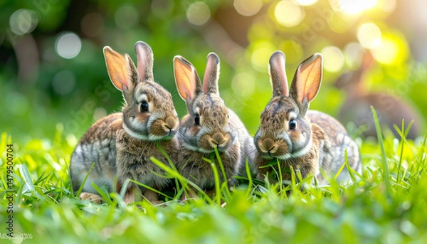 Obraz Three rabbits sitting together in green grass, with sunlight