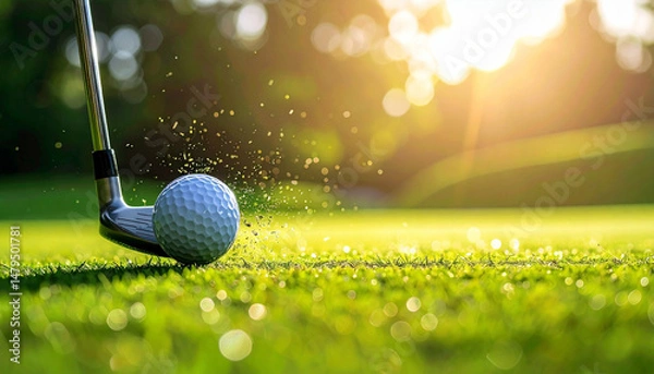 Obraz Golf club impacts the ball in sun-kissed grass, creating a spray of water droplets